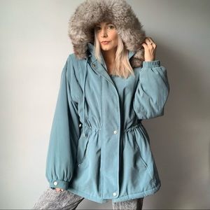 VINTAGE | Oversized Thermal Fur Hooded Cinched Waist Winter Parka Down Coat